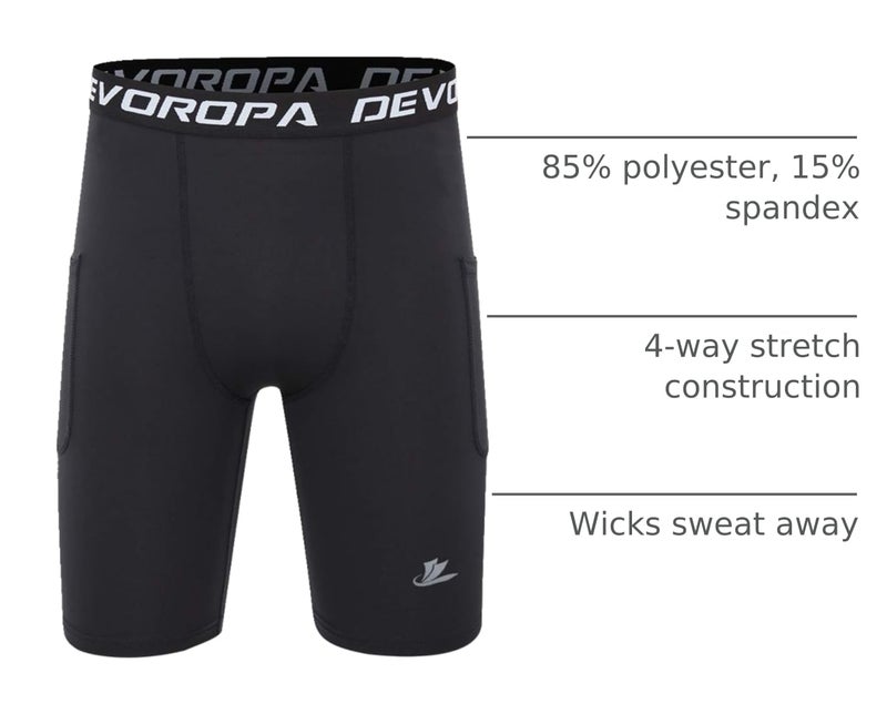 DEVOROPA Youth Boys' Compression Shorts Performance Athletic Base Layers Workout Training Underwear Side Pocket Black/Black M (Pack of 2) - Image 4